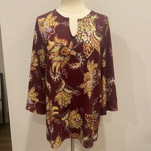Chico's Burgundy and Gold Floral Tunic Sz Large